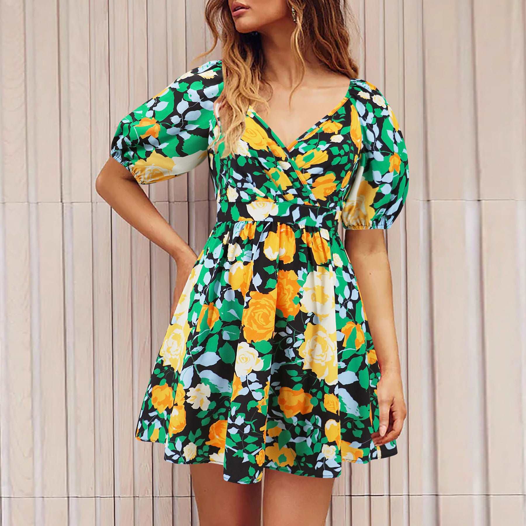 Flowers Print V-Neck Lantern-sleeve Dress Y2K Summer Vacation Beach Short Dresses Fashion Womens Clothing - Backyard Store