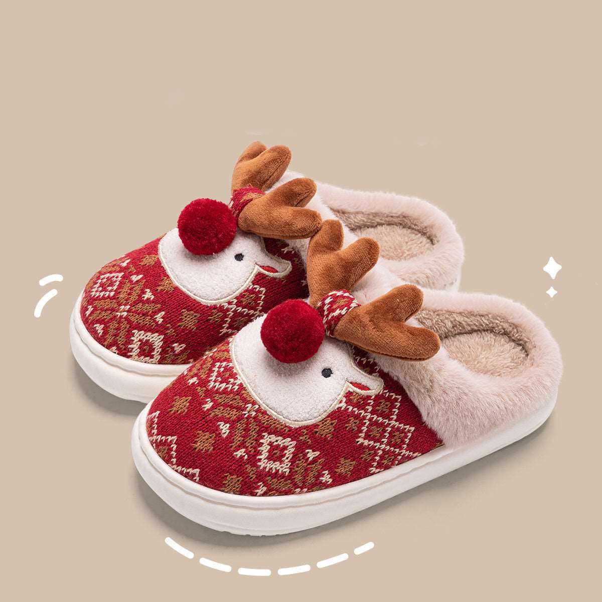 Cute Christmas Elk Plush Slippers Winter Ins Fashion Non-slip Floor Bedroom Home Slippers For Women Fuzzy House Shoes - Backyard Store