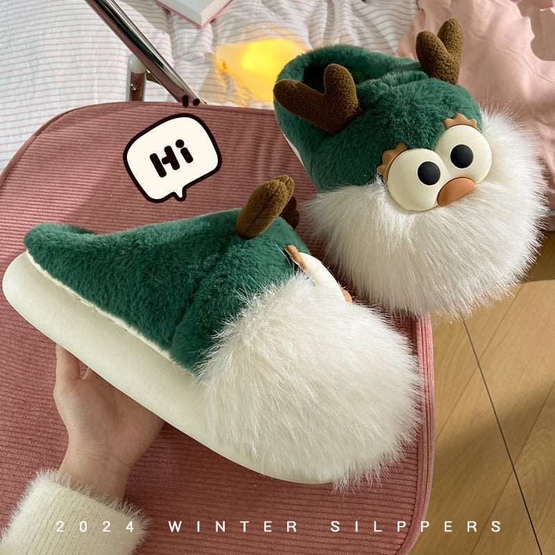 Cute Cartoon Christmas Deer Cotton Shoes Winter Indoor Floor Home Slippers Half-covered Heel Warm Plush Shoes Women - Backyard Store