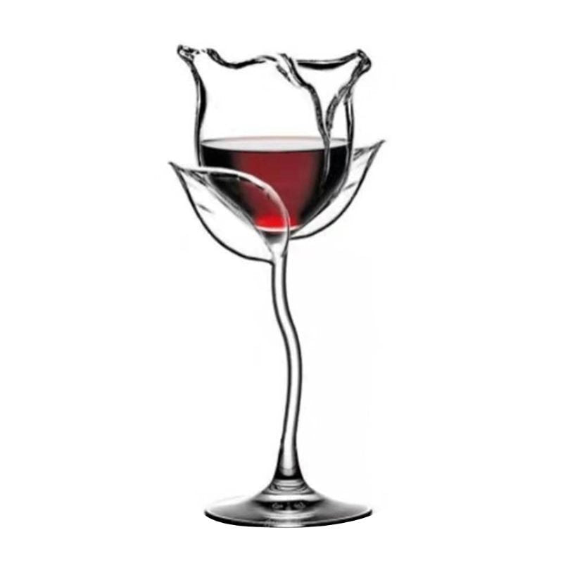 A set of elegant 100ml fancy red wine goblet glasses shaped like delicate rose flowers, perfect for parties and barware. The glasses are beautifully crafted, ideal for serving wine or cocktails, adding a touch of sophistication to any Christmas celebration.