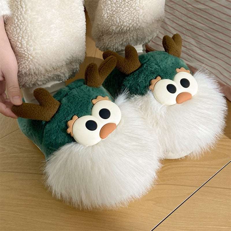 Cute Cartoon Christmas Deer Cotton Shoes Winter Indoor Floor Home Slippers Half-covered Heel Warm Plush Shoes Women - Backyard Store