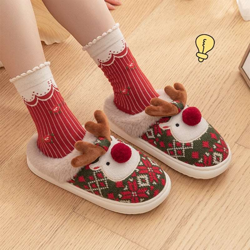 Cute Christmas Elk Plush Slippers Winter Ins Fashion Non-slip Floor Bedroom Home Slippers For Women Fuzzy House Shoes - Backyard Store