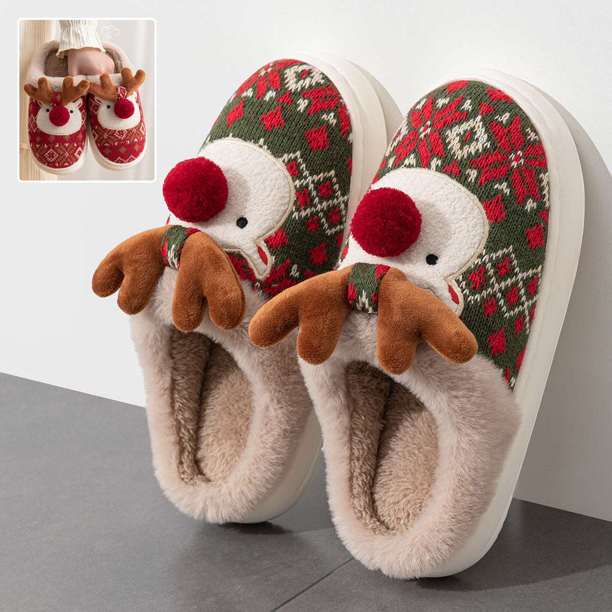 Cute Christmas Elk Plush Slippers Winter Ins Fashion Non-slip Floor Bedroom Home Slippers For Women Fuzzy House Shoes - Backyard Store