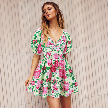 Flower Print V-Neck Lantern-Sleeve Dress – Y2K Summer Style