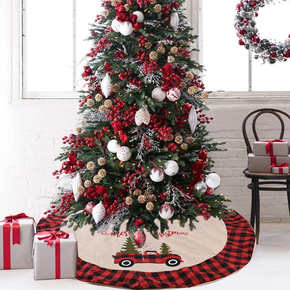 A 120CM linen Christmas tree skirt featuring a festive car design, adding a rustic and charming touch to your Christmas tree. Perfect for enhancing holiday decorations and creating a cozy seasonal atmosphere.