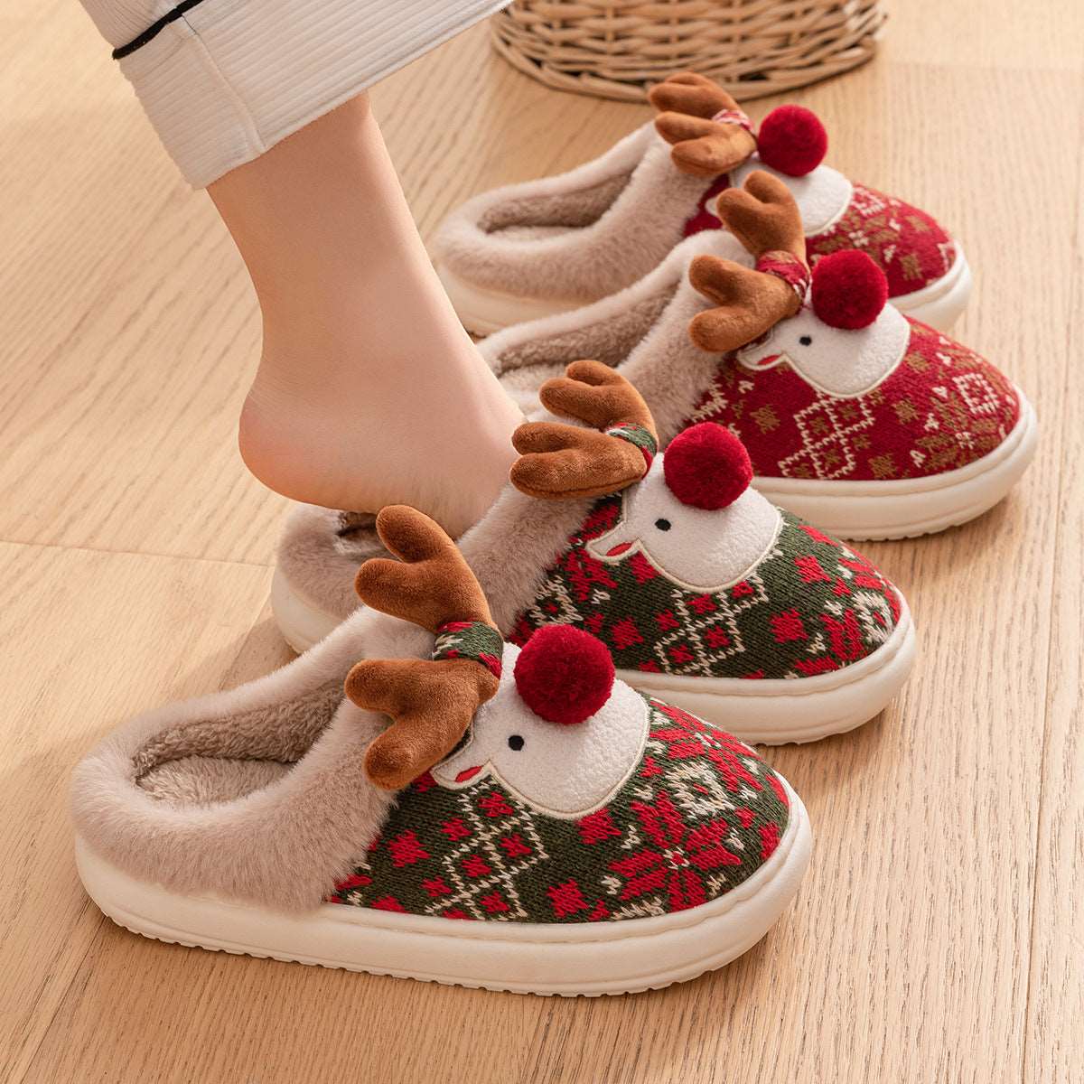 Cute Christmas Elk Plush Slippers Winter Ins Fashion Non-slip Floor Bedroom Home Slippers For Women Fuzzy House Shoes - Backyard Store