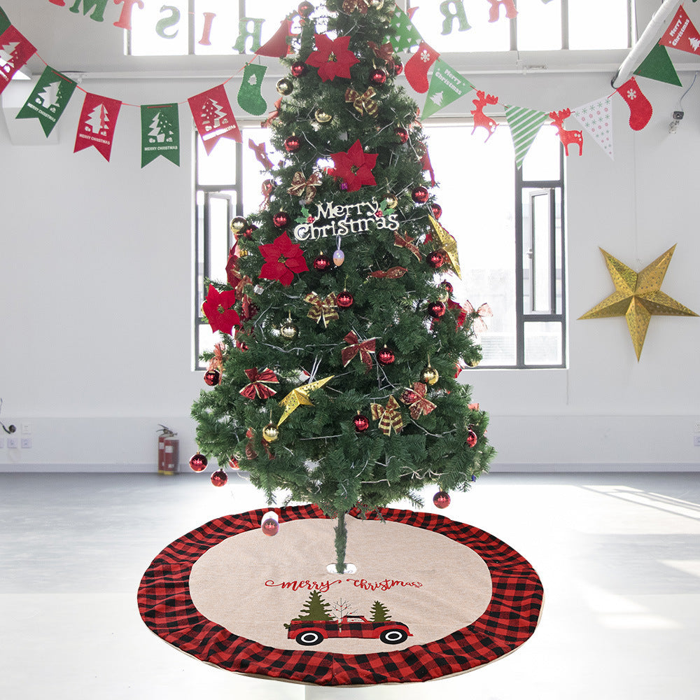 A 120CM linen Christmas tree skirt featuring a festive car design, adding a rustic and charming touch to your Christmas tree. Perfect for enhancing holiday decorations and creating a cozy seasonal atmosphere.