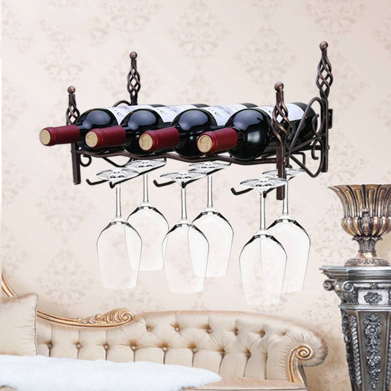 Wall-Mounted Wine Rack – Holds 4 Bottles & 6 Glasses