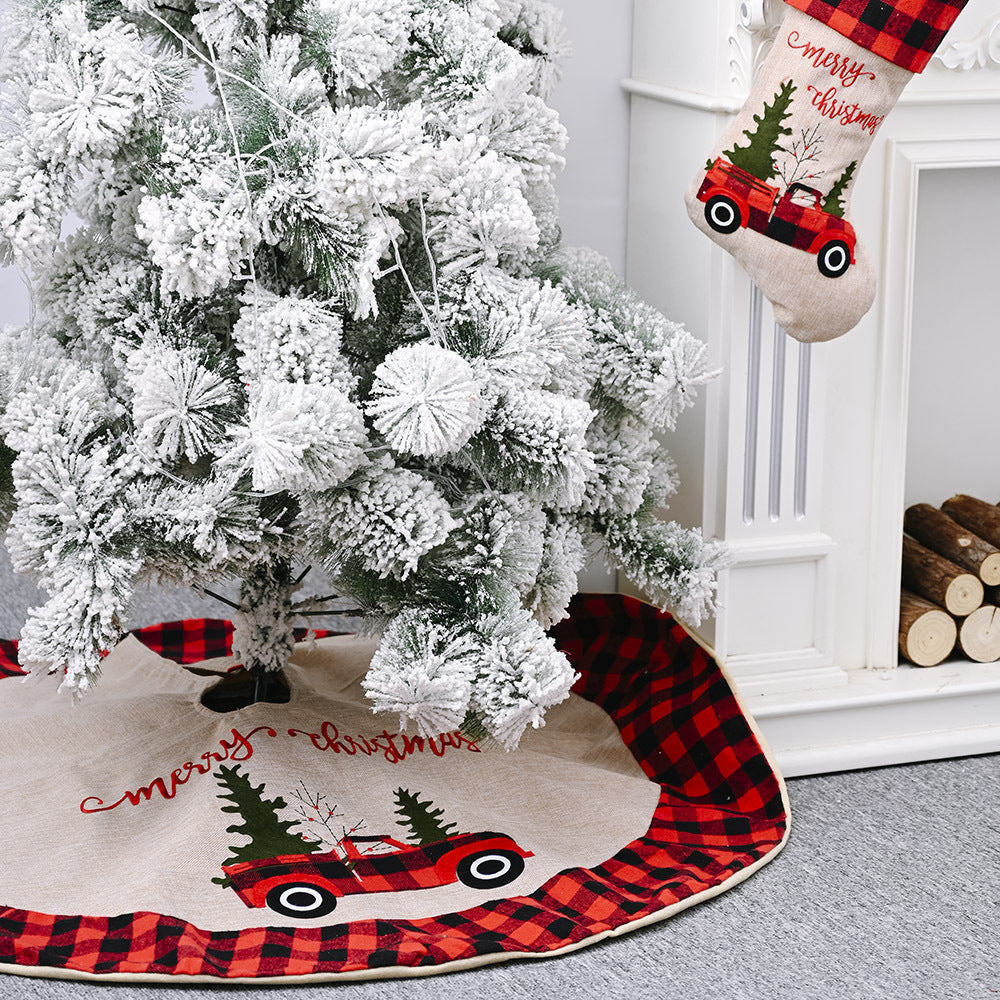 A 120CM linen Christmas tree skirt featuring a festive car design, adding a rustic and charming touch to your Christmas tree. Perfect for enhancing holiday decorations and creating a cozy seasonal atmosphere.