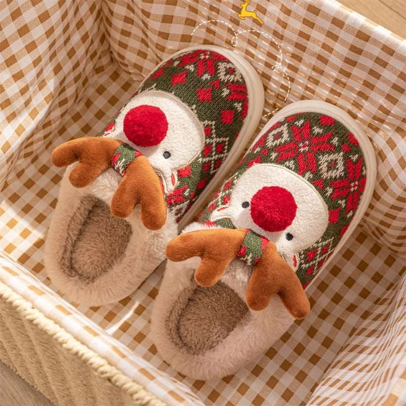 Cute Christmas Elk Plush Slippers Winter Ins Fashion Non-slip Floor Bedroom Home Slippers For Women Fuzzy House Shoes - Backyard Store