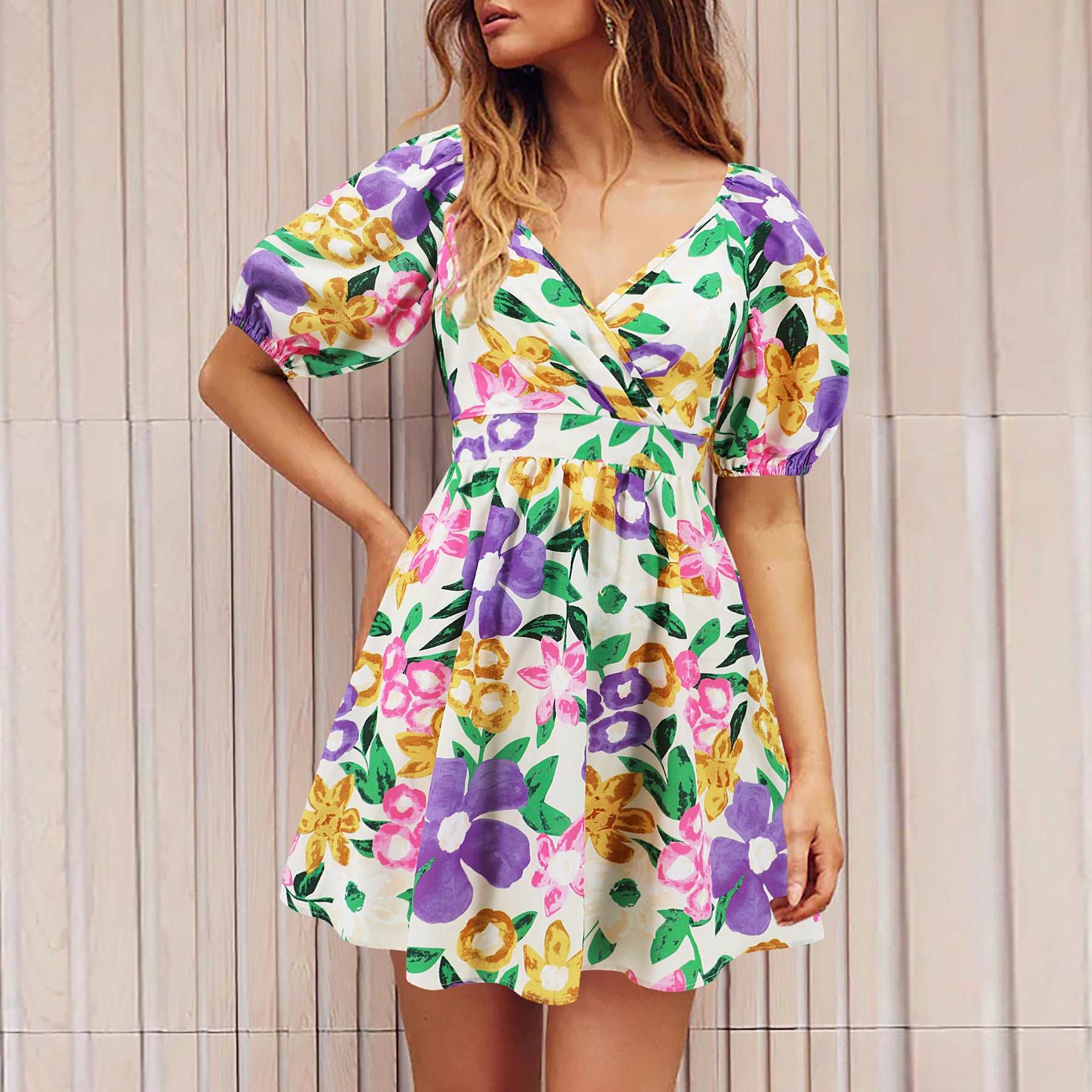 Flowers Print V-Neck Lantern-sleeve Dress Y2K Summer Vacation Beach Short Dresses Fashion Womens Clothing - Backyard Store