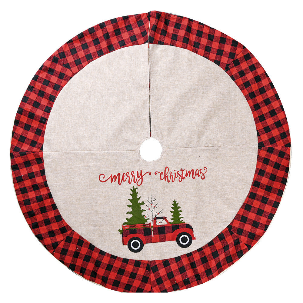 A 120CM linen Christmas tree skirt featuring a festive car design, adding a rustic and charming touch to your Christmas tree. Perfect for enhancing holiday decorations and creating a cozy seasonal atmosphere.