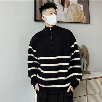 High-grade Horizontal Striped Simple Stand-up Collar Sweater - Backyard Store