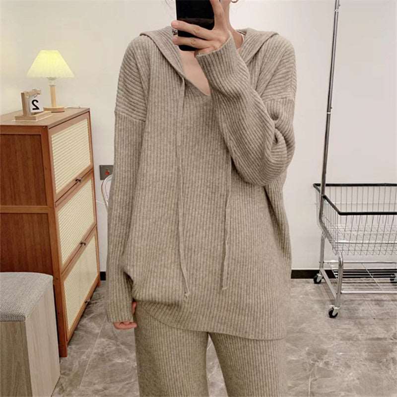 Fashionable Knitted Suit Fall Winter Hooded Loose Casual Sweater Wide Leg Pants Two-piece Set - Backyard Store