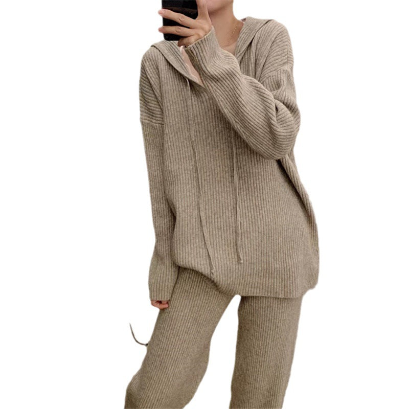 Fashionable Knitted Suit Fall Winter Hooded Loose Casual Sweater Wide Leg Pants Two-piece Set - Backyard Store