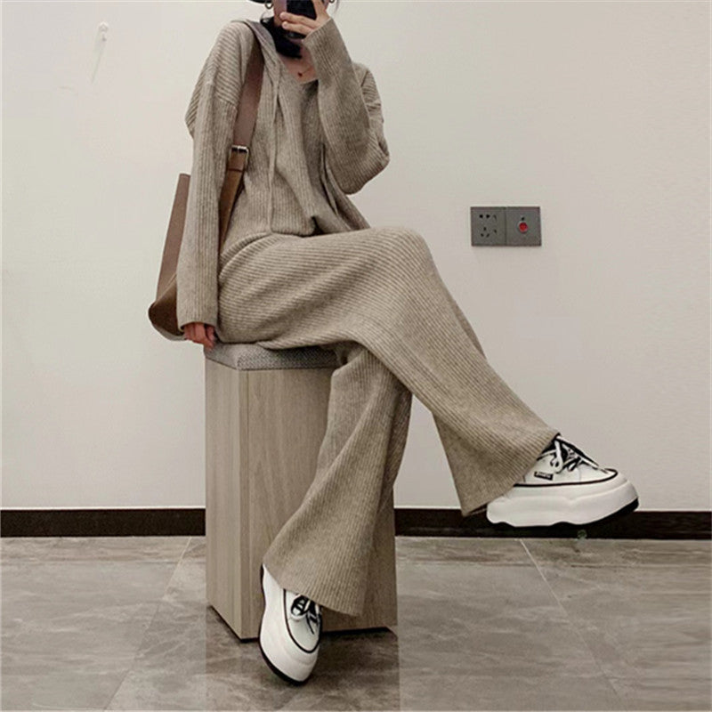 Fashionable Knitted Suit Fall Winter Hooded Loose Casual Sweater Wide Leg Pants Two-piece Set - Backyard Store