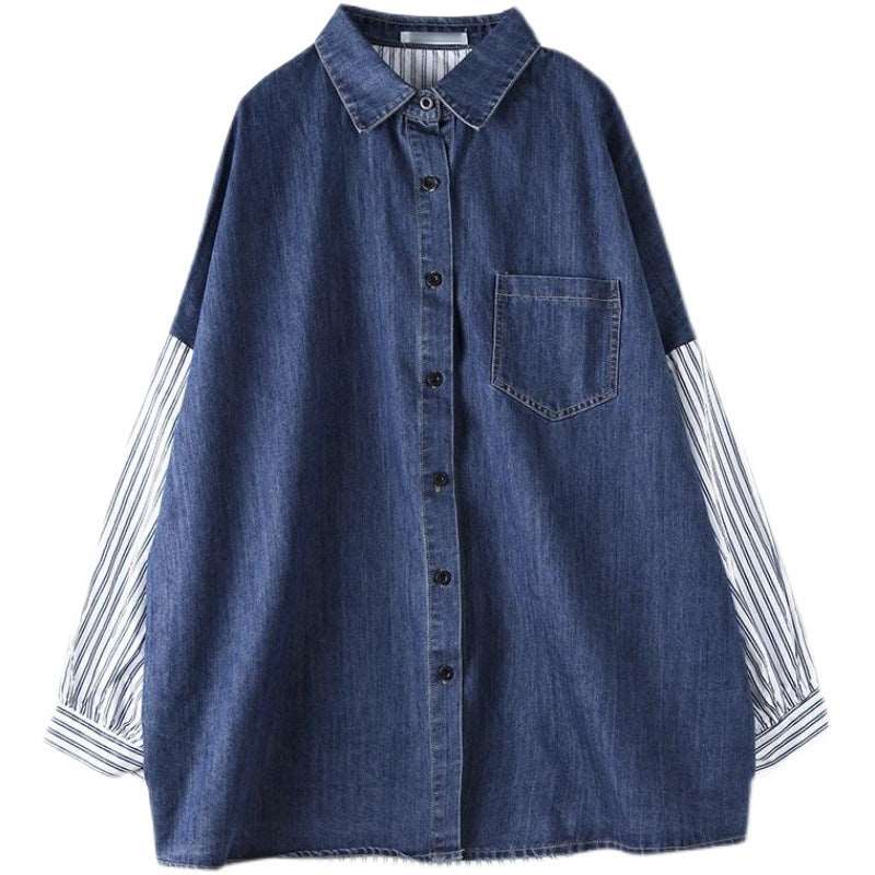 Lapel Patchwork Denim Striped All-matching Top - Backyard Store