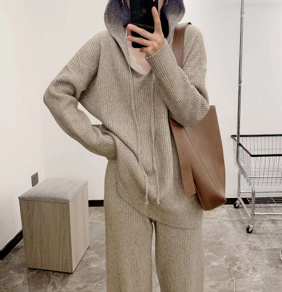 Fashionable Knitted Suit Fall Winter Hooded Loose Casual Sweater Wide Leg Pants Two-piece Set - Backyard Store