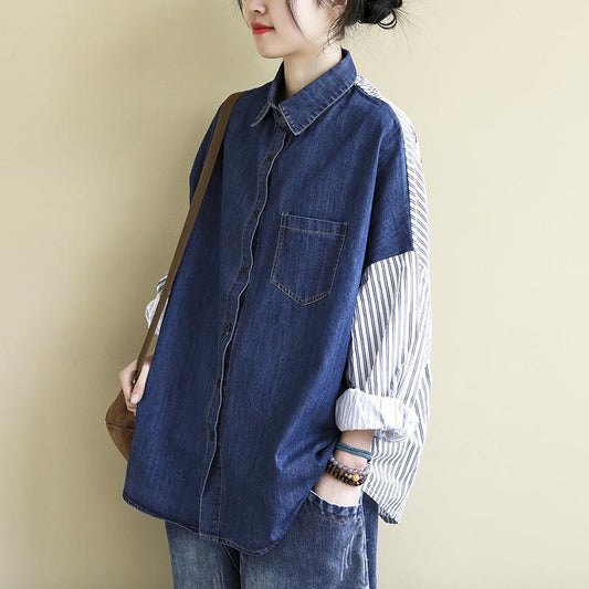 Lapel Patchwork Denim Striped All-matching Top