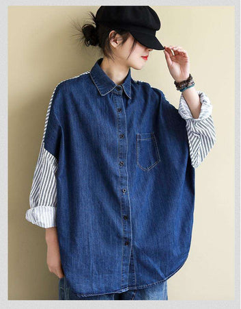 Lapel Patchwork Denim Striped All-matching Top