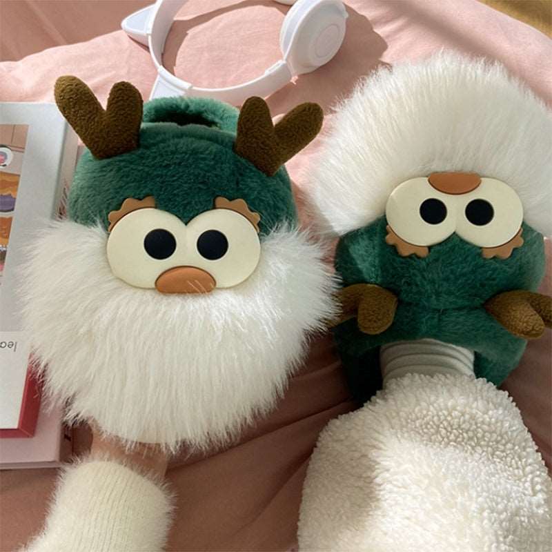 Cute Cartoon Christmas Deer Cotton Shoes Winter Indoor Floor Home Slippers Half-covered Heel Warm Plush Shoes Women - Backyard Store