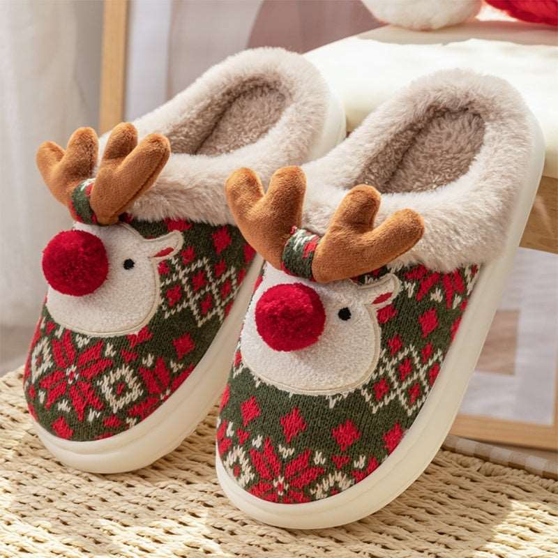 Cute Christmas Elk Plush Slippers Winter Ins Fashion Non-slip Floor Bedroom Home Slippers For Women Fuzzy House Shoes - Backyard Store