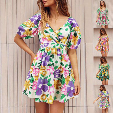 Flowers Print V-Neck Lantern-sleeve Dress Y2K Summer Vacation Beach Short Dresses Fashion Womens Clothing - Backyard Store