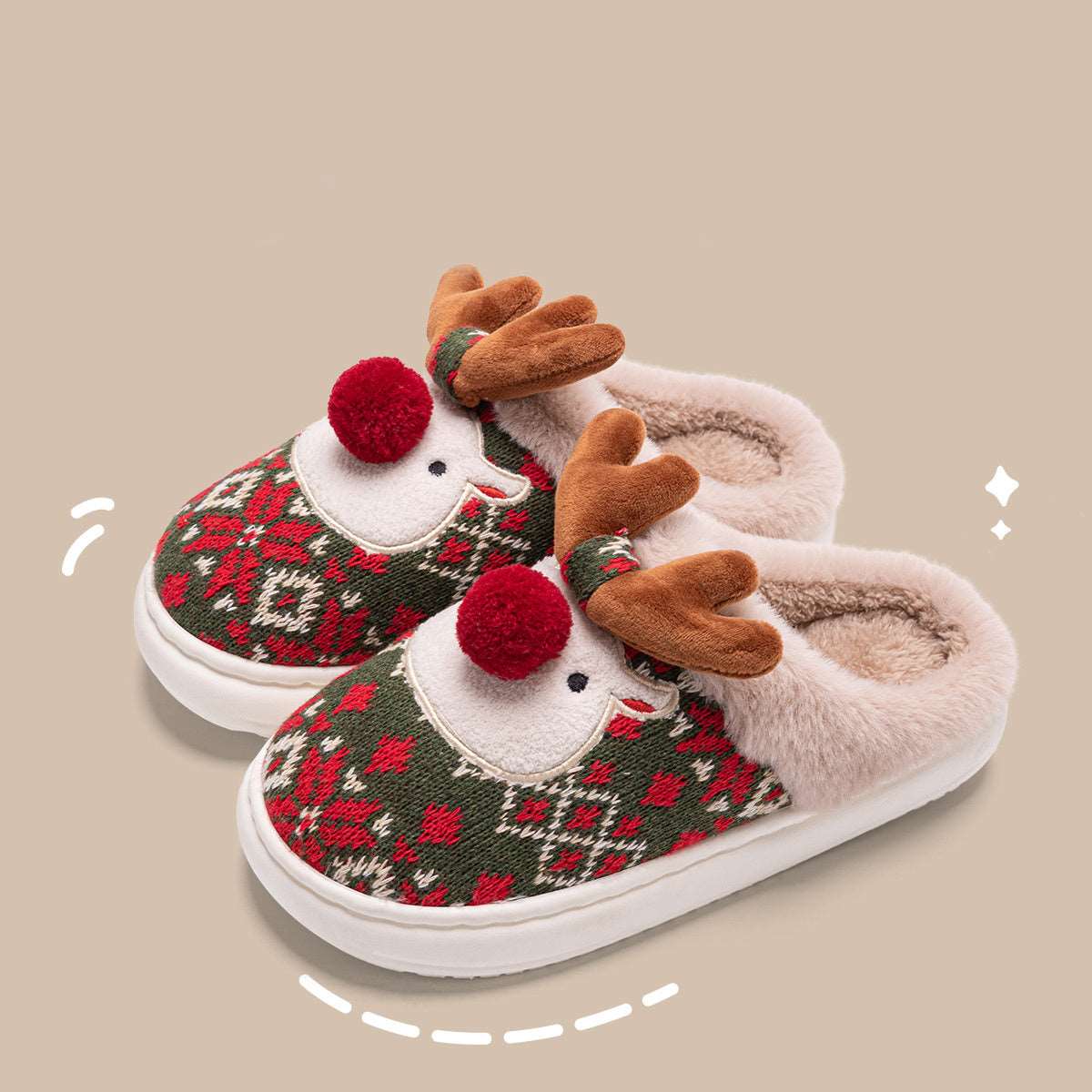 Cute Christmas Elk Plush Slippers Winter Ins Fashion Non-slip Floor Bedroom Home Slippers For Women Fuzzy House Shoes - Backyard Store